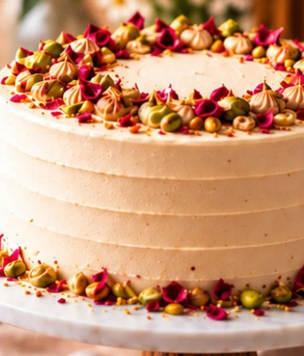 Cream frosted celebration cake crowned with pistachios and rose petals